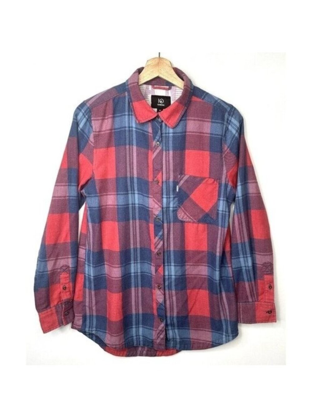 Tentree Plaid Flannel Shirt Womens Medium Red Blue Button Up Outdoors Hiking